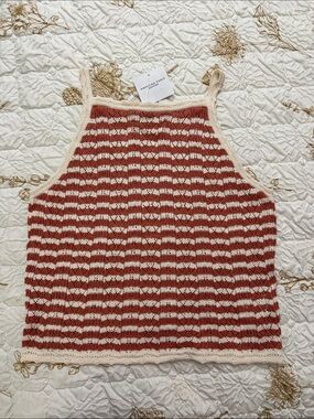 American Eagle Outfitters Rust Red & Cream Striped Crochet Tank